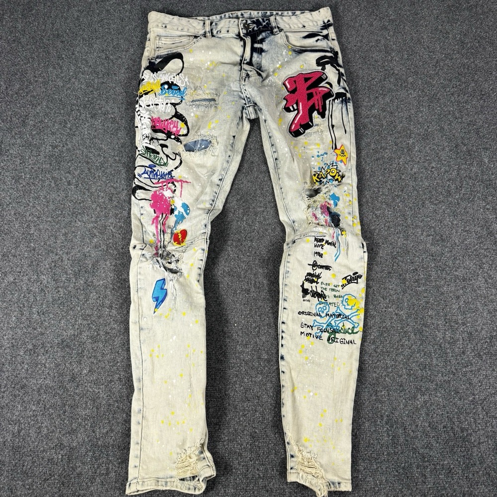Smoke Rise Mens Jeans 36x32 Graphic Bomb Distressed Skinny Angel Blue Graffiti